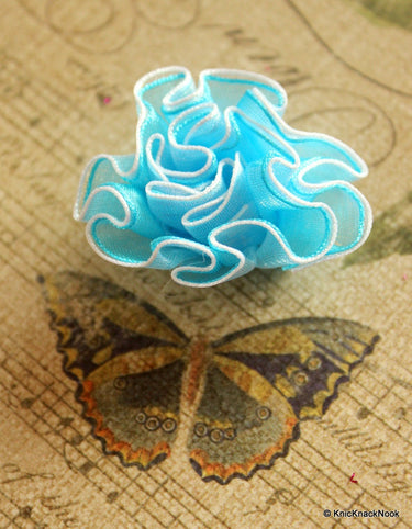 Organza Ribbon Blue and White Carnation Flower Appliques/ Crafts/ Wedding Decoration x 5